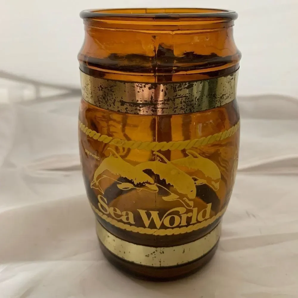 Vintage 1980 Sea World Souvenir Brown Glass Mug Wood Handle